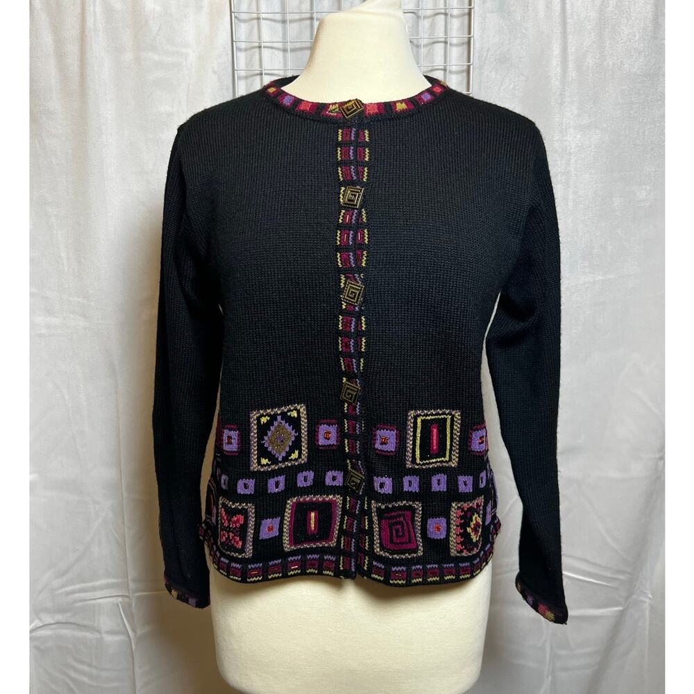 Icelandic Geometric Design Cardigan Black Sweater-size S